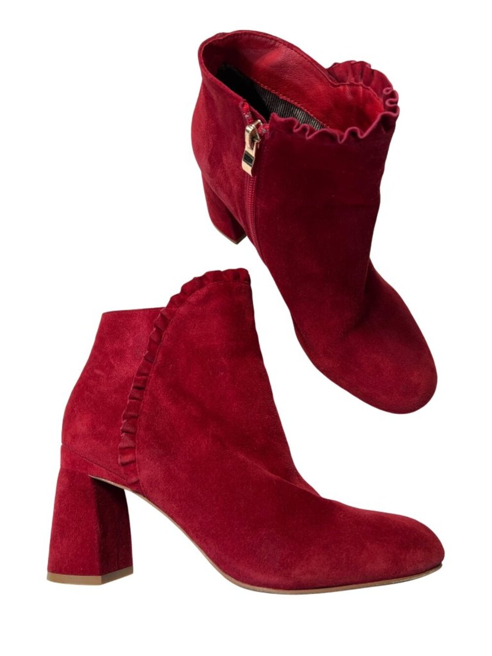 Red Suede Ankle Boots With Ruffle Detail By Azura